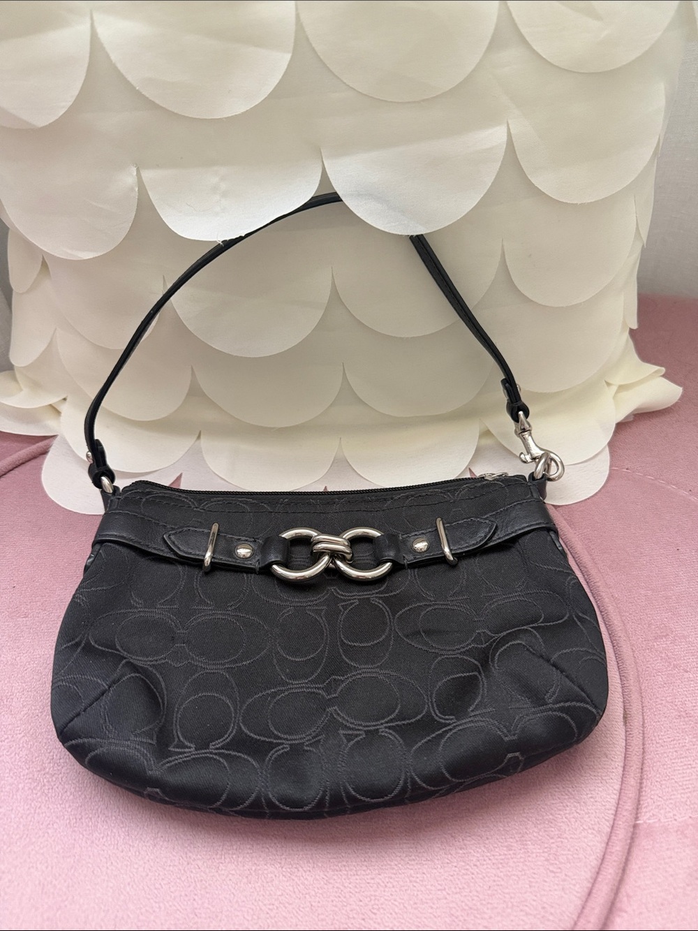 Coach Black Signature Jacquard Shoulder Bag with Silver Chain Accent